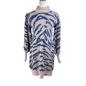 En Saison NWT Mares Wool Beige Navy Blue Animal Print Rib Knit Sweater Dress